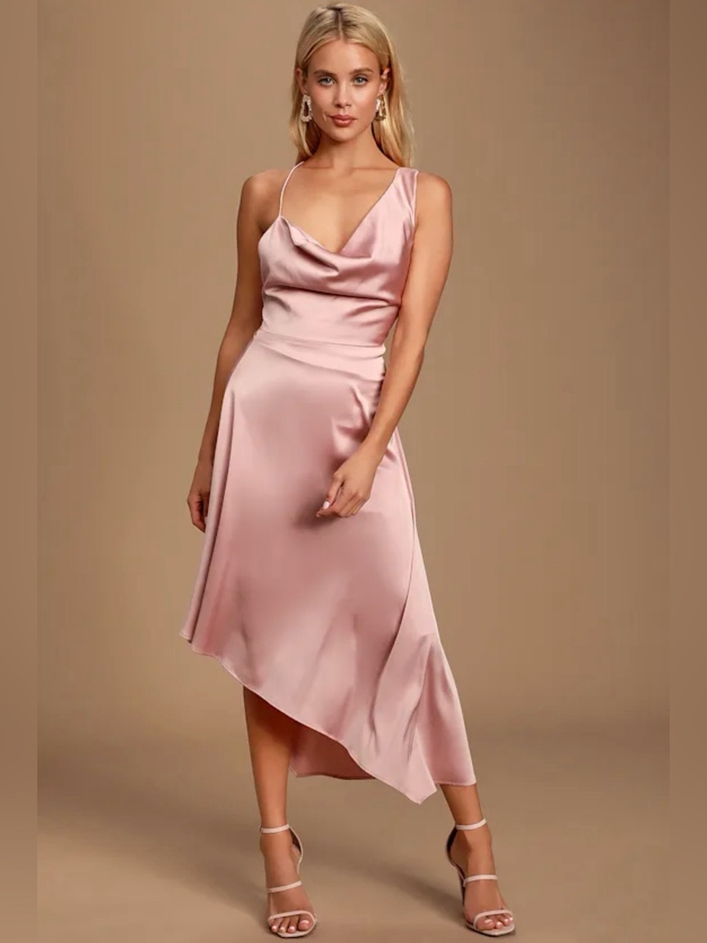 Sereno Mauve Pink Satin Cowl Neck Asymmetrical Midi Dress: S